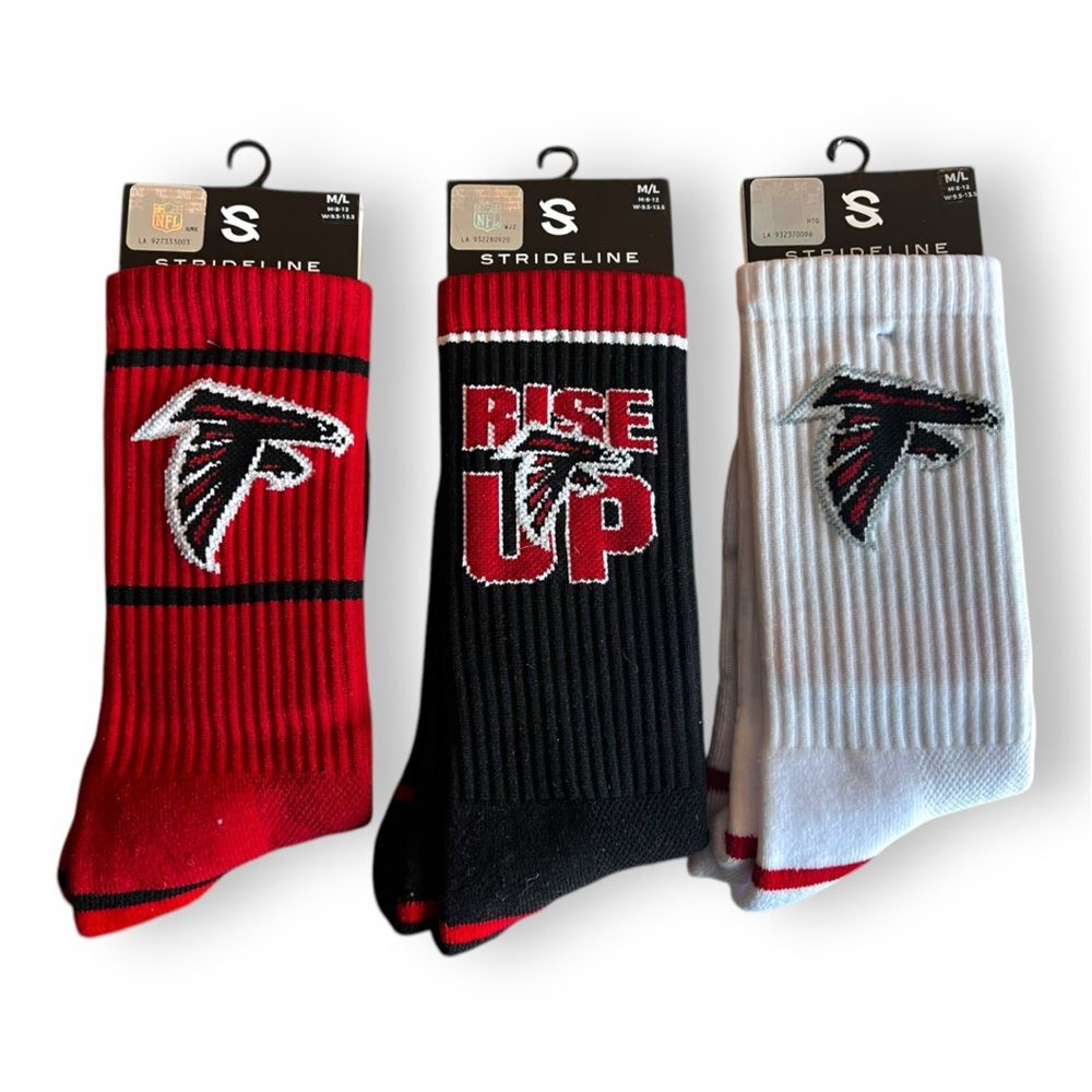 NWT Atlanta Falcons NFL Logo Crew Socks Black/Red/White 3 Pair Bundle Size M/L